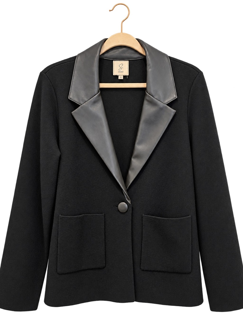 Sioni Black Blazer with Faux-Leather Lapel